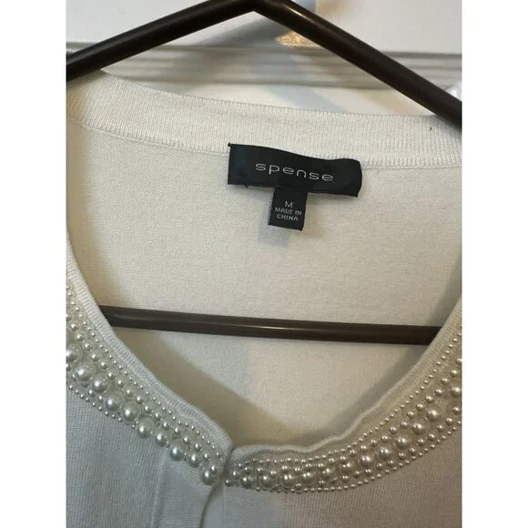 Spense Ivory Pearl Trim Cropped Cardigan Sweater Women’s Medium Elegant Bolero - Picture 2 of 6